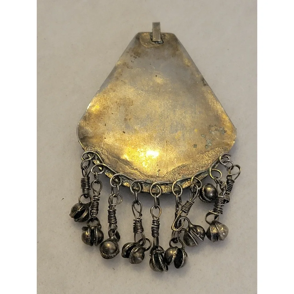 Vintage Tribal Boho Ethnic Pendant Carnelian Type Bell Statement Silver Tone